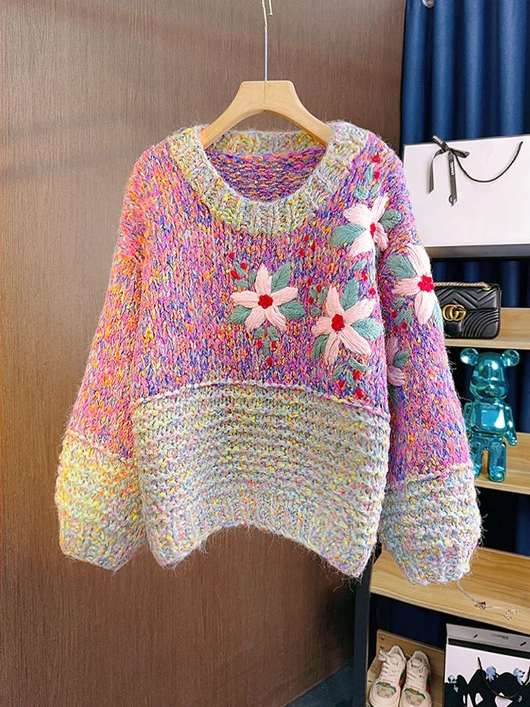Джемпер с вышивкой крючком и цветком свитер круглым вырезом рукавами-фонариками