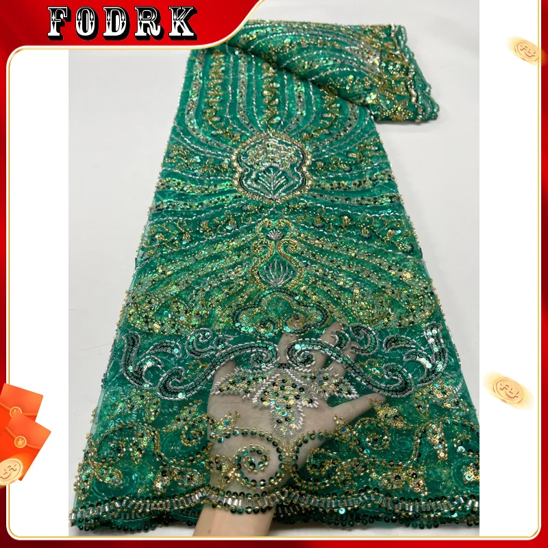 

2023 Fashion Elegant French Embroidery Beaded Lace Fabric African Nigerian With Sequins Fabric For Wedding Dress