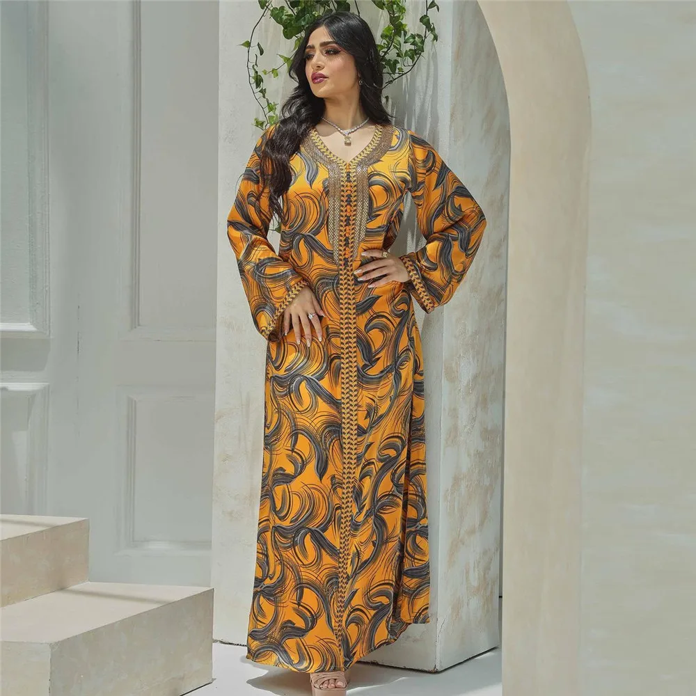 

Dubai Abaya Printed Muslim Women Long Dress Islamic Vestidos Middle East Evening Party Gown Arab Caftan Moroccan Jalabiya Robe