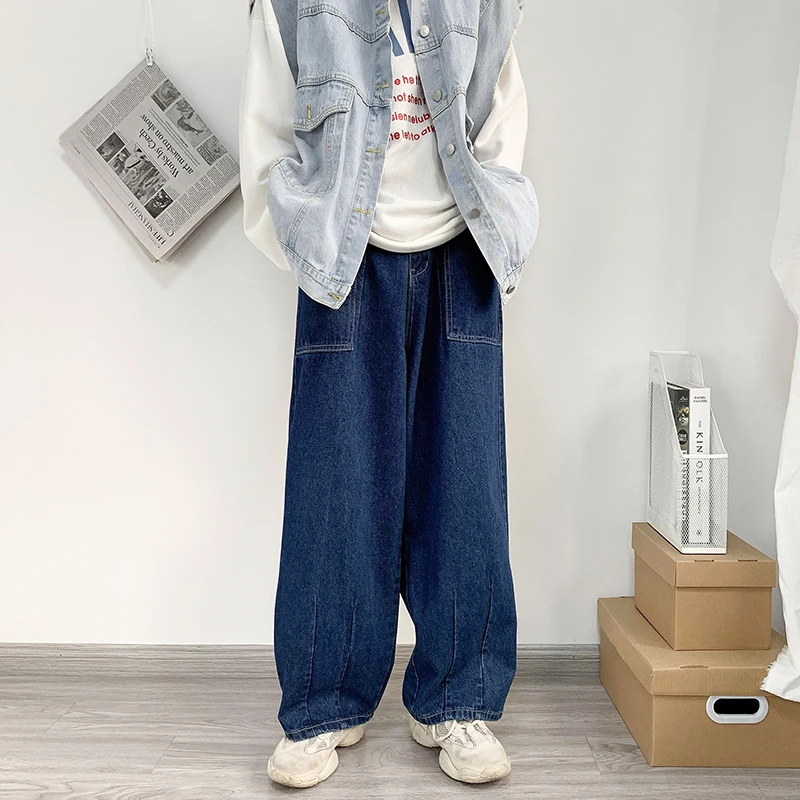 Y2K Men Streetwear Korean Fashion Vintage Blue Loose Straight High Waist Wide Leg Baggy Jeans Cargo Pants Denim Trousers Clothes