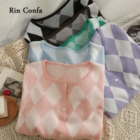 rin confa fashion all match thin tops women short plaid pattern single breasted cardigan round collar knitting sweater