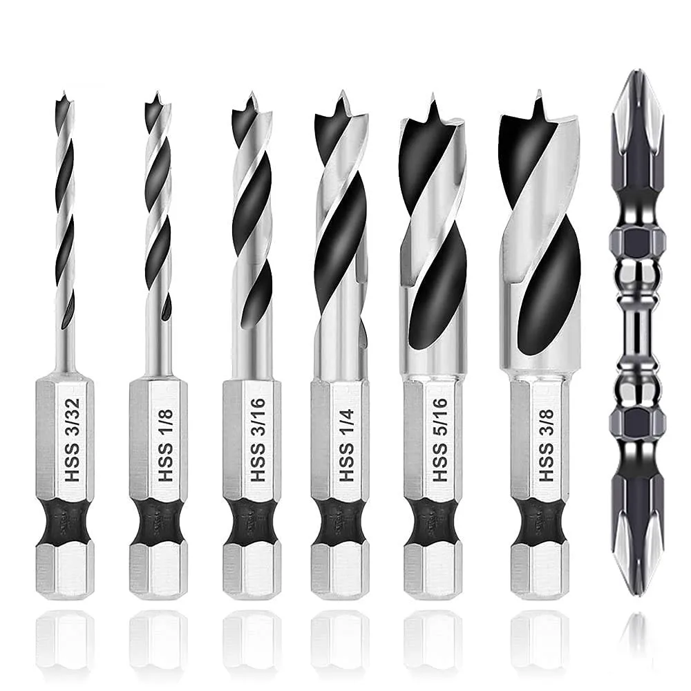 1 Set Brad Point Stubby Drill Bit Set For Wood With Quick Change Hex Shank High Speed Steel Brand New Home Power Tools