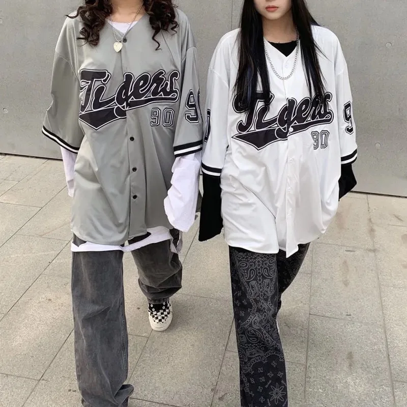 HOUZHOU Baseball Shirt Women and Men Hippe Vintage Oversize Hip Hop Streetwear Korean Style Short Half Sleeve Button Up Blouse