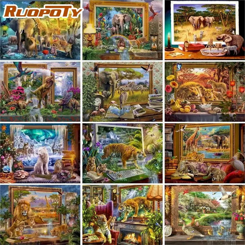 

RUOPOTY 60x75cm Frame Picture Painting By Numbers Kits Animals Wall Coloring By Numbers Acrylic Paint Picture For Home Decors