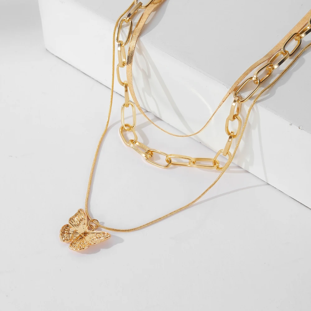 Женское Многослойное Ожерелье Золотого Цвета В Стиле Панк С Подвеской-бабочкой