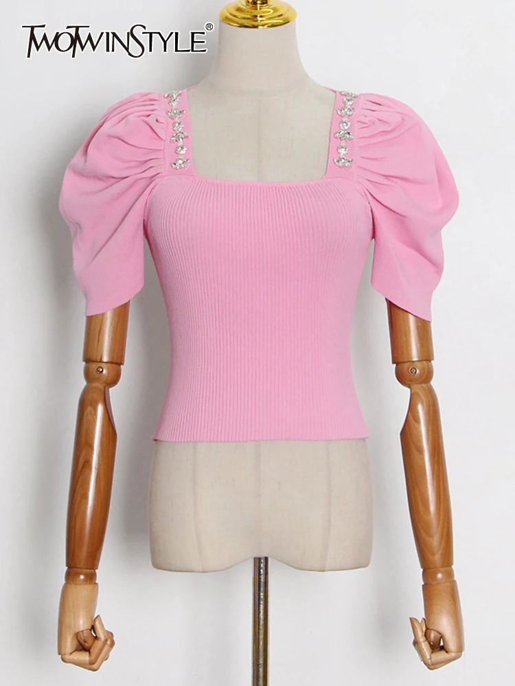 

TWOTWINSTYLE Patchwork Diamond Sweater For Female Square Collar Puff Short Sleeveless High Waist Slimming Women's Sweater New