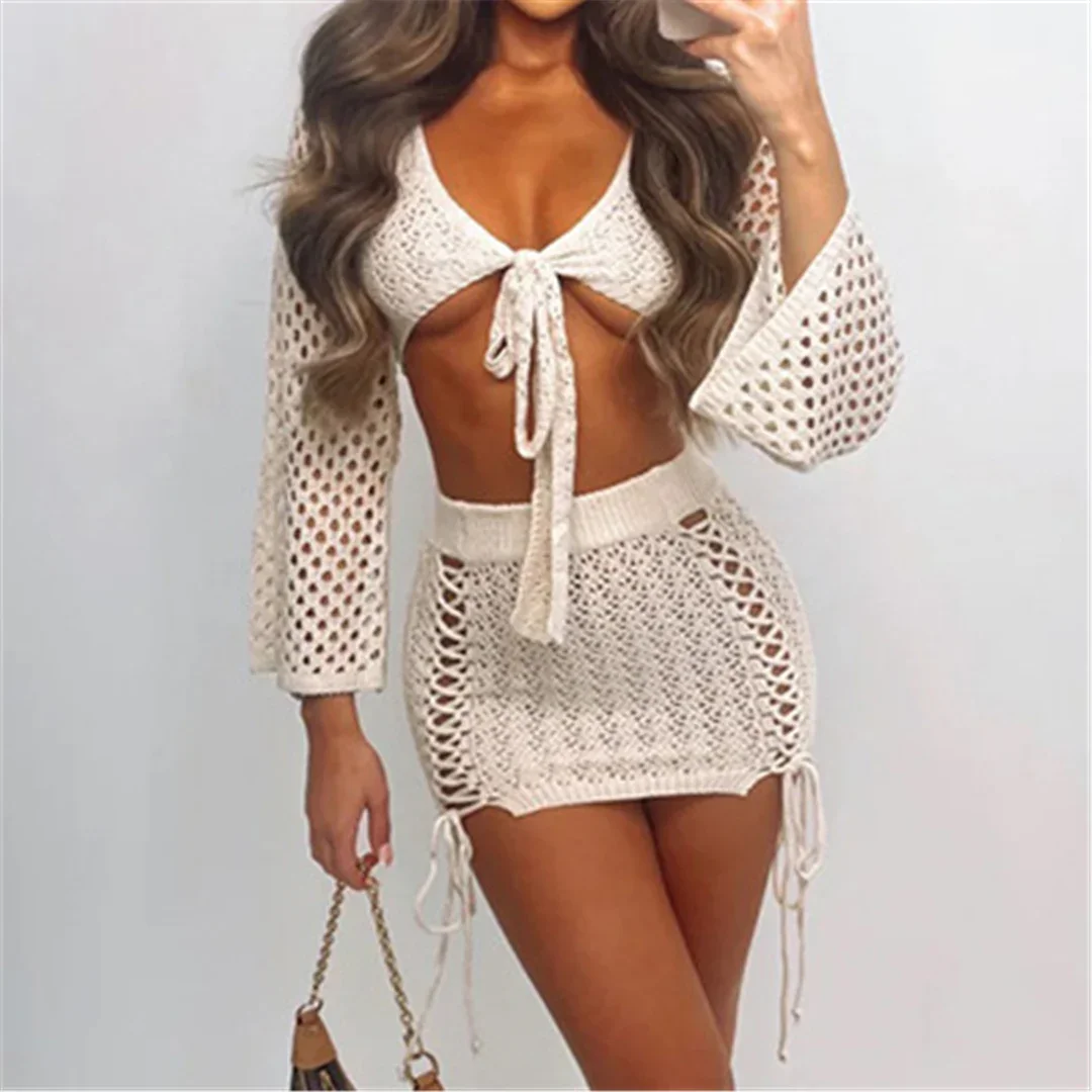 Новая 6-цветная вязаная крючком туника с длинными рукавами пляжная накидка