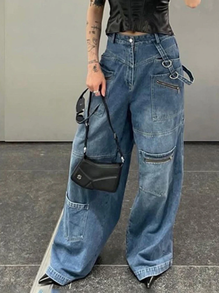 

Blue Jeans for Women Multi Pocket Zipper Distressed Jeans 2023 New Straight Leg Wide Leg Pants Personalized High Street Clothes