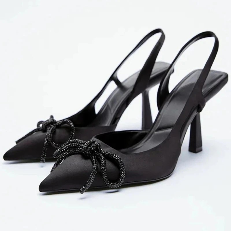 

ZRACK 2022 Summer Black Shiny Bow Heeled Sandals Women Elegant Outdoor Slingback Sandals Pointed Toe High Heel Shoes Sexy Pumps