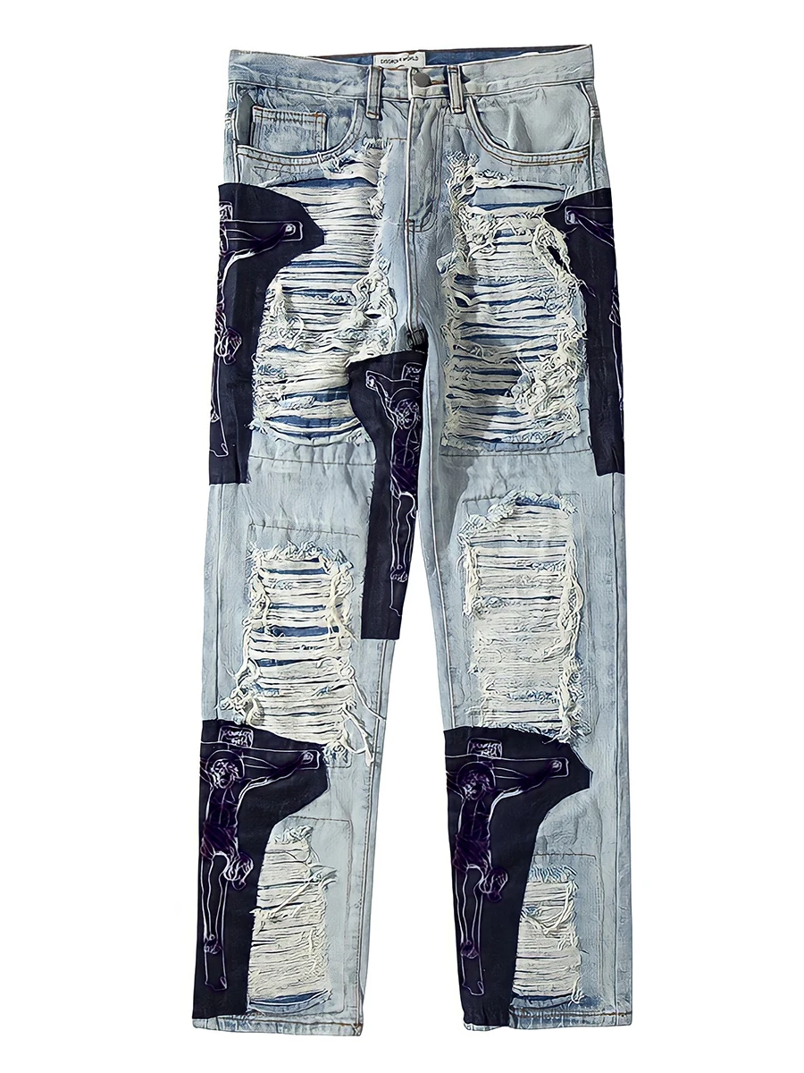 European and American High Street Hole Embroidery Loose Straight Jeans Men and Women Hip-hop Stitching Long Pants Denim Men's