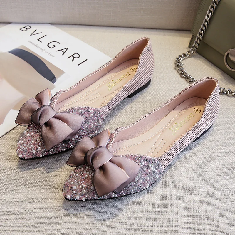 Lolita Shoes Clear Beading Bowknot Women Flats Luxury Pointed Ballerina Shoes Soft Bottom Espadrilles Female Bow Moccasins