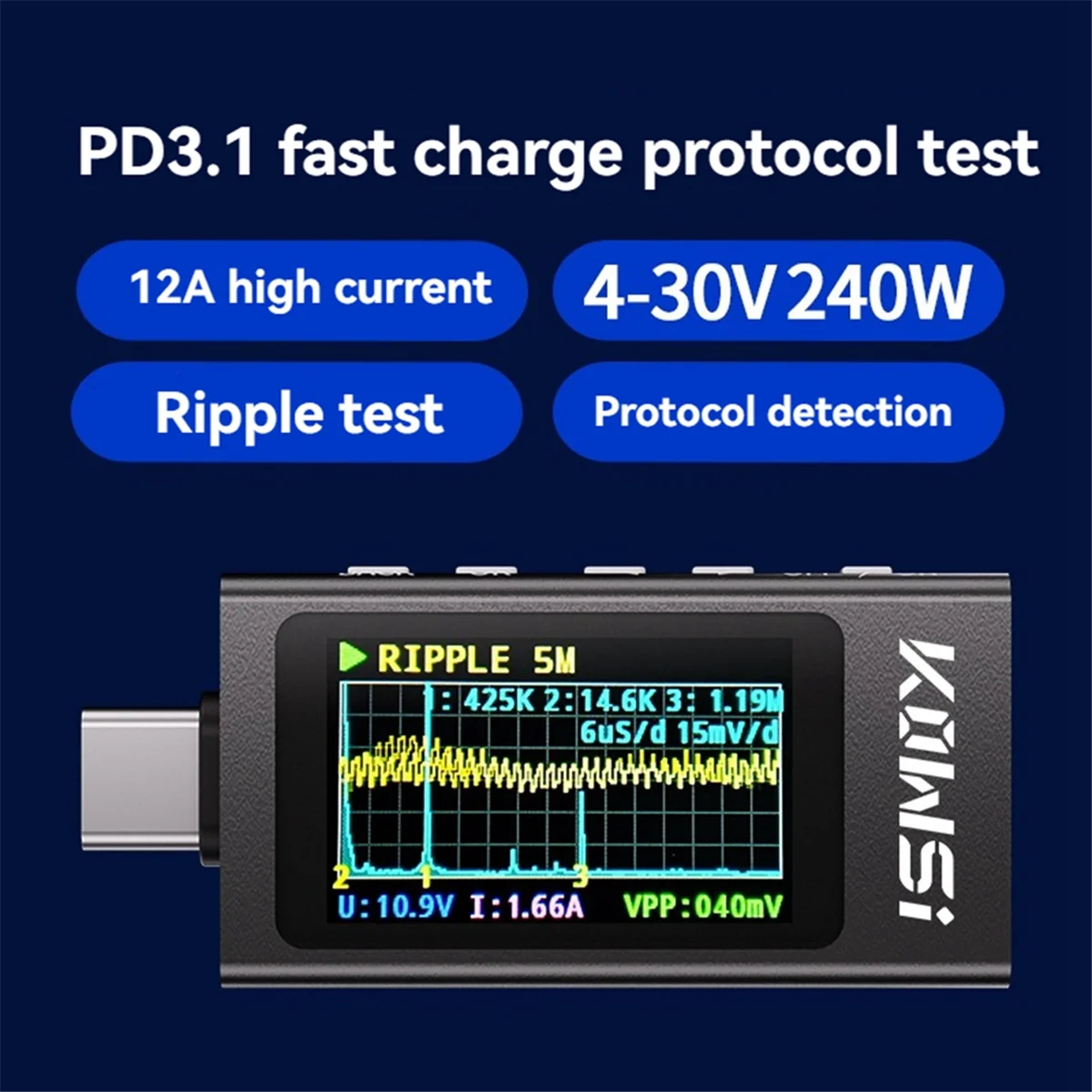 Фото НОВЫЙ KOWSI KWS-X1 Type-C тестер постоянного тока 3,3-36 В 0-12A цифровой измеритель напряжения и тока IPS дисплей триггерный измеритель быстрой зарядки №4