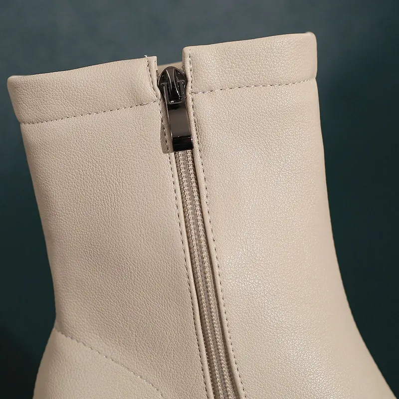 Concise Women Boots Leather 2023 Four Seasons Ankle Booties Chunky High Heels Zipper Platform Shoes