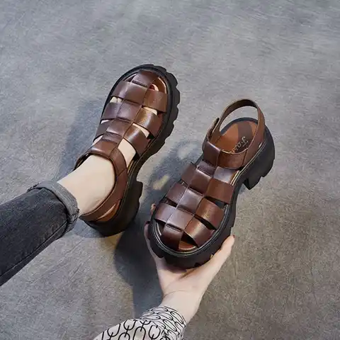 Сандалии Baotou женские из воловьей кожи, плетеные туфли в римском стиле, обувь на высоком каблуке и платформе, в стиле ретро, лето 2022