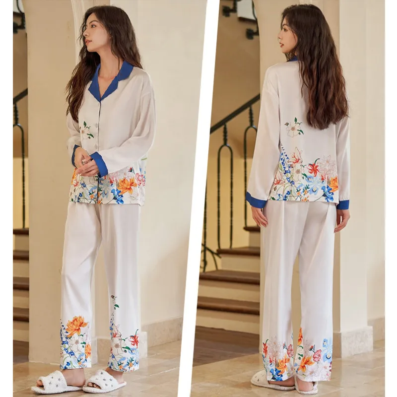 FALLINLAOE High Quality Women's Pajamas Set Floral Print Faux Silk Nightie Luxury Homewear Leisure Sleepwear Loungewear Female