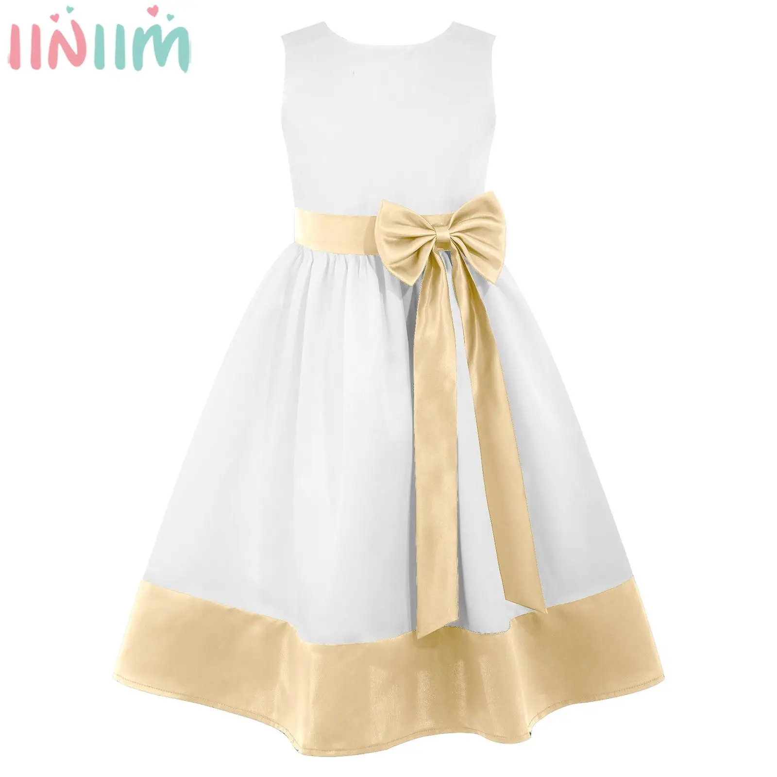 

Girls Cute Bowknot Satin Party Dress Round Neck Sleeveless Contrast Color Princess Dress Ball Gown for Wedding Bridesmaid Prom