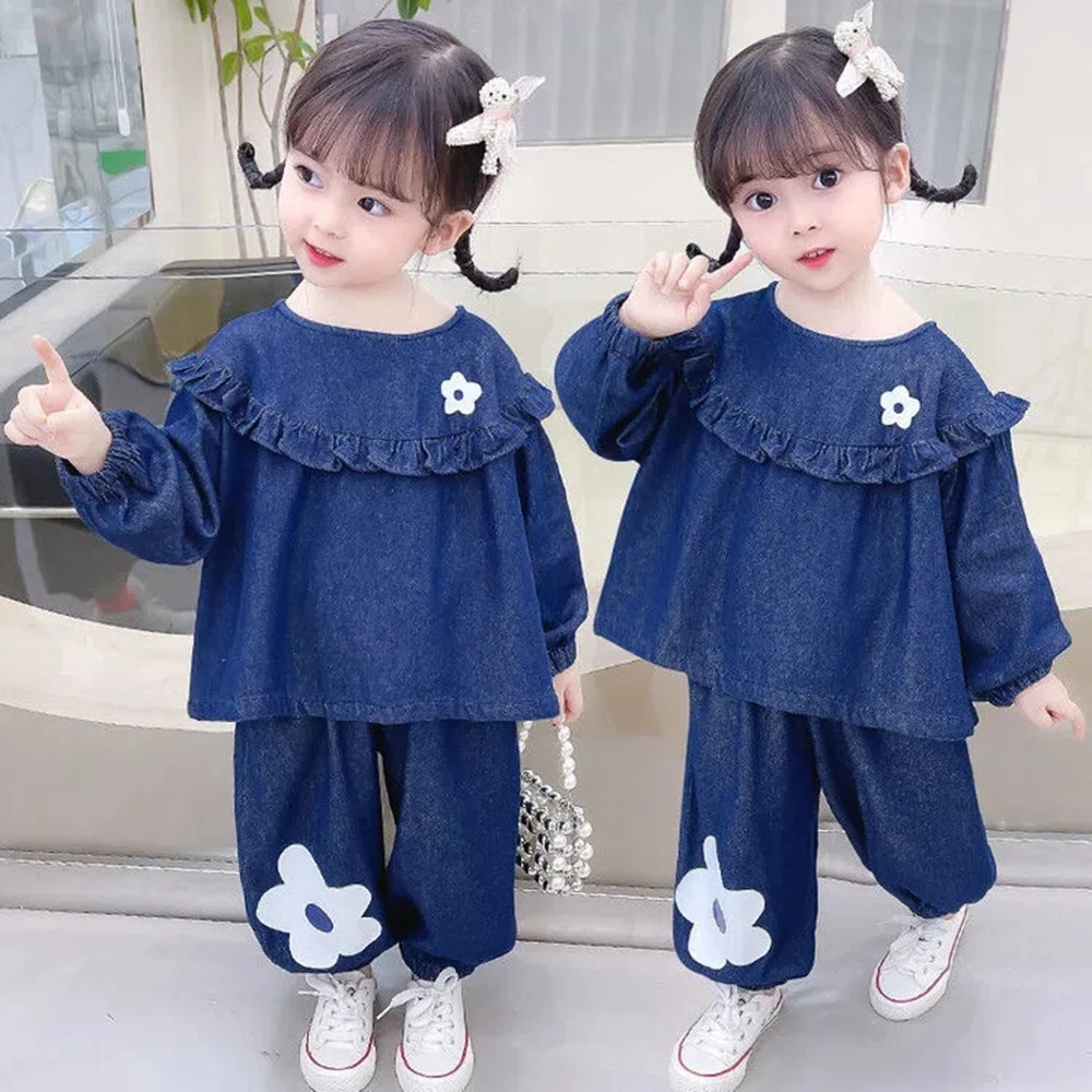 

Детские повседневные наряды От 2 до 8 лет для малышей, детские мягкие джинсовые комплекты одежды из 2 предметов с длинным рукавом, Милая футболка и свободные брюки для девочек