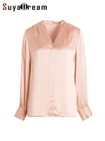 suyadream women silk blouses 100real silk v neck long sleeved solid chic shirts 2022 spring new top pink