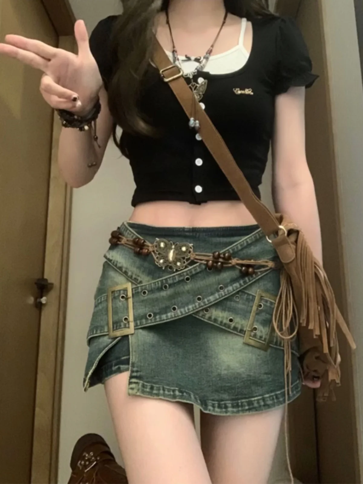 Женская джинсовая мини-юбка в стиле Харадзюку