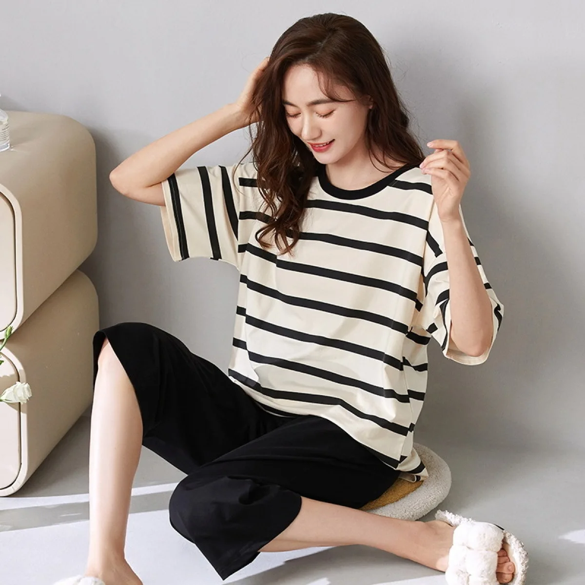 Women's Pajamas Sets Cotton Pyjamas Striped Pijamas Loungewear Short Sleeve and Pants Suit Sleepwear Nightwear Women Homewear