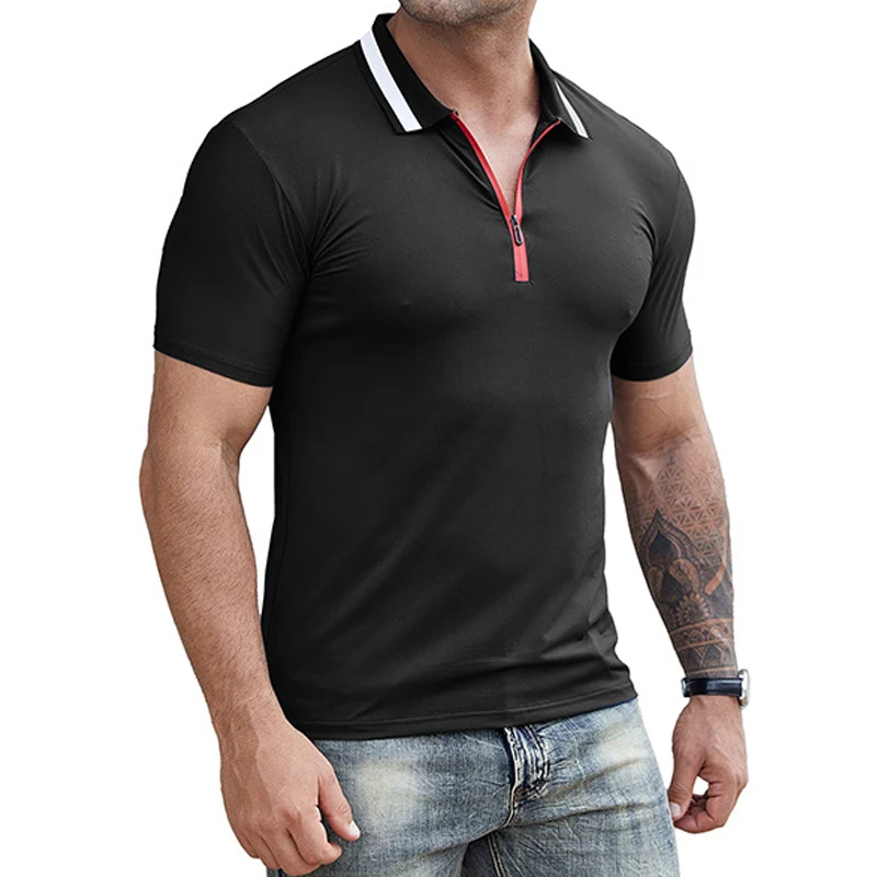 

2022 Summer Casual Solid Polo Shirt Men Short Sleeve Zipper-up Turn Down Collar Tops Pullover Mens Patchwork Tops Streetwear