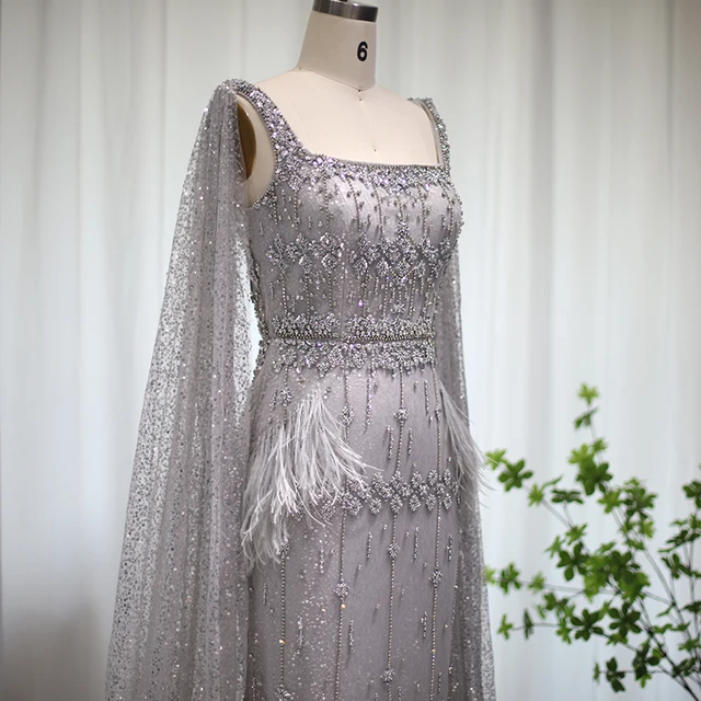 Sharon Said Bling Gray Mermaid Arabic Evening Dress with Cape Luxury Feather Dubai Formal Dresses for Women Wedding Party SS279 4 Sharon Said Bling Gray Mermaid Arabic Evening Dress with Cape Luxury Feather Dubai Formal Dresses for Women Wedding Party SS279 4