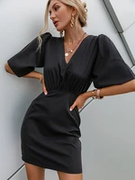 bkqu luxury black short sleeve summer women dress 2022 sexy v neck solid high street dress elegant a line ladies mini vestido