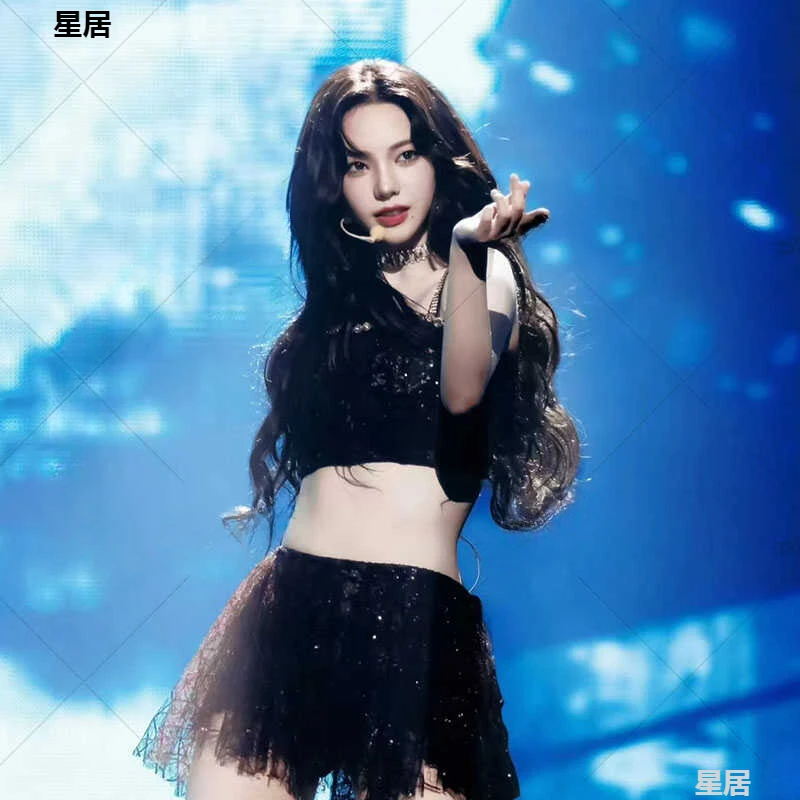 Новая женская группа Kpop сценические наряды сексуальные черные блестящие топы на