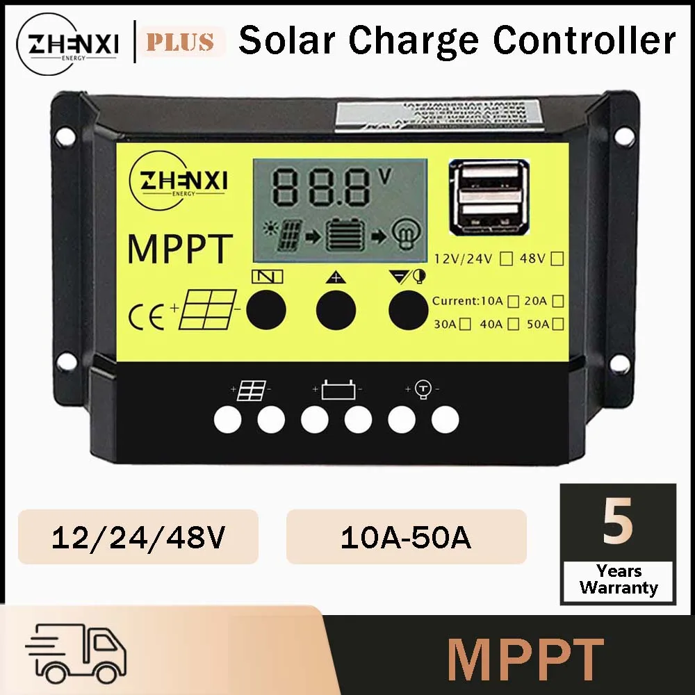 

50A/30/20/10A MPPT Solar Charge Controller 12V/24V Battery Regulator Solar Panel Solar Generator LCD Display with Dual USB