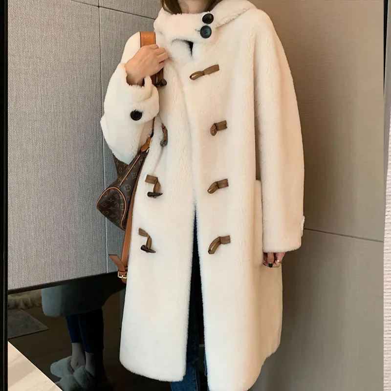 Winter long granular fleece hooded lambswool coat coat women
