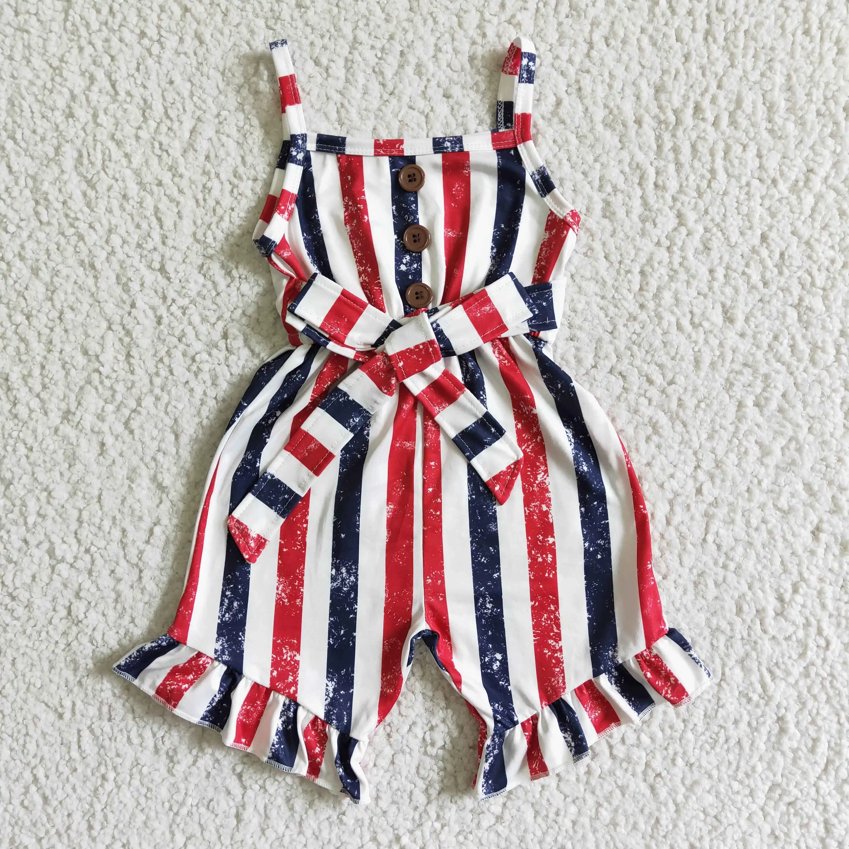

Wholesaler Kids Red Blue Striped Baby Girl Clothes Suspenders Belt Shorts Romper July 4th Children's Jumpsuit