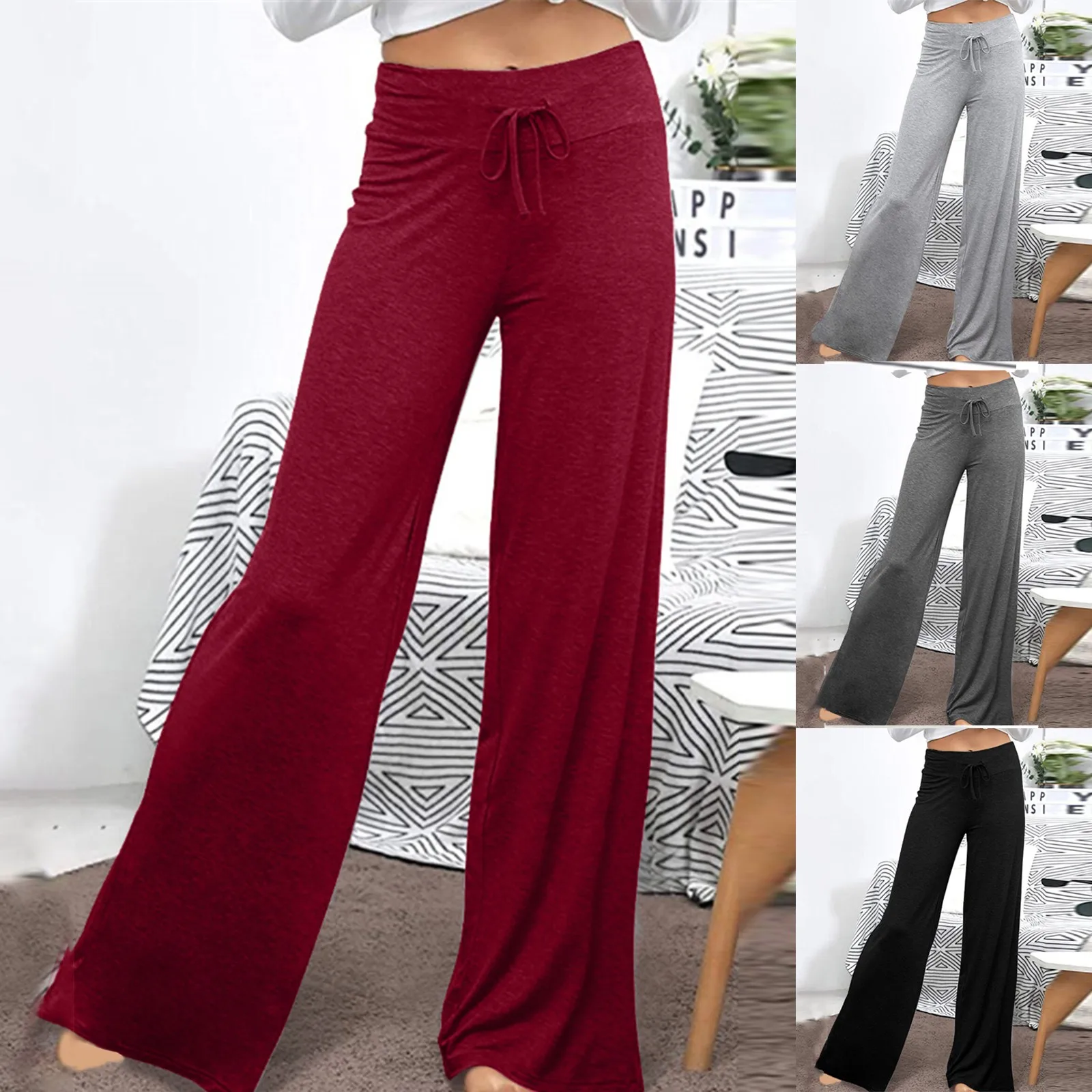 

Women's Fashion Casual Wide Leg Pants Drawstring Waist Solid Color Baggy Pants Trousers For Women Streetwear pantalon pour femme