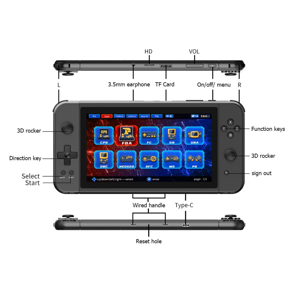 Портативная игровая консоль POWKIDDY X70 7 дюймов HD экран ретро-игры 3D ручной игровой