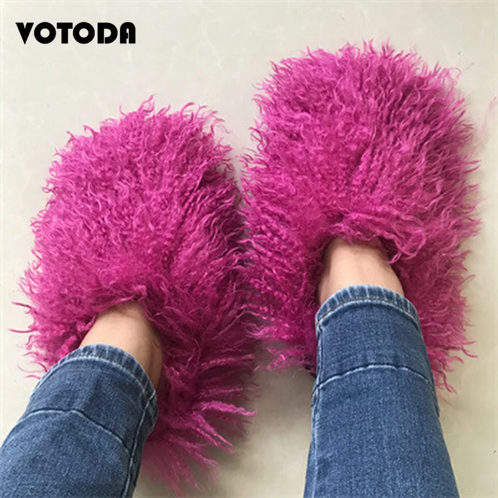 Luxury Mongolian Fur Slippers Women Winter Long Wool Snow Boots Warm Flat Non-slip Home Teddy Fur Slide Ladies Cute Cotton Shoes