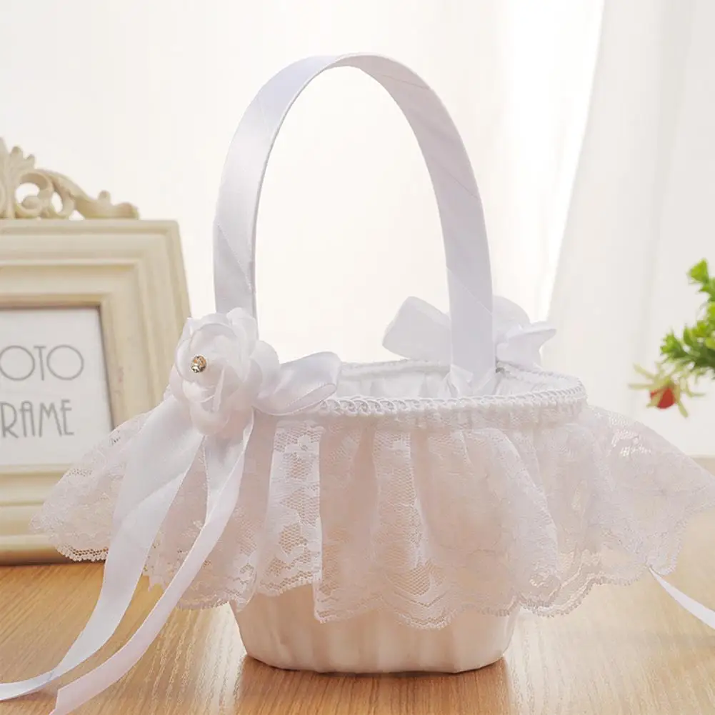 White Ivory Bow Wedding Blower Basket Ceremony Festive Party Love Case Satin Flower Girl for Supplies | Дом и сад