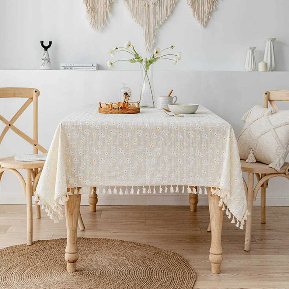 

Korean Style Small Daisy Cotton Floral Tablecloth,Tea Table Decoration,Rectangle Table Cover For Kitchen Wedding Dining Room