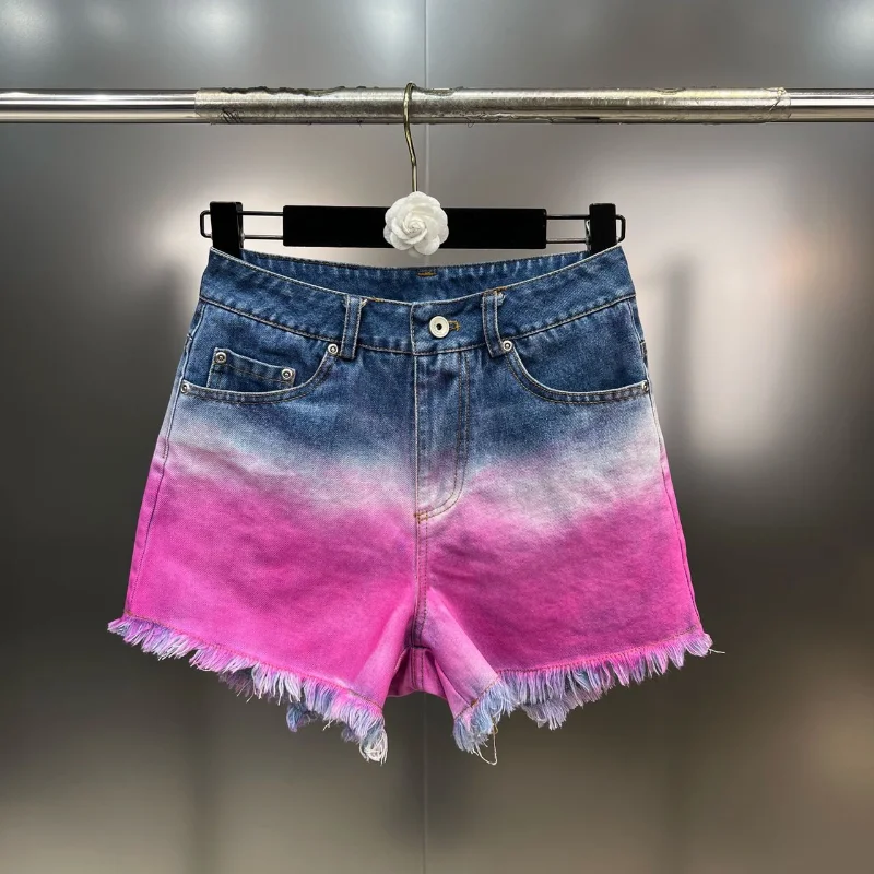 2023 New Women's Clothing Shorts Summer Gradient Color Tie-Dyed Washed Color Frayed Sweet Cool Hot Girl Style Denim Short Pants