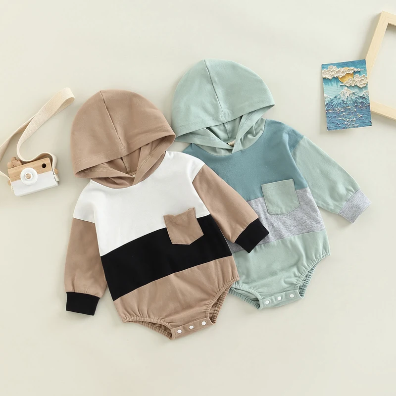 

Infant Baby Girls Boys Romper Contrast Color Hooded Long Sleeve Pocket Jumpsuits Spring Autumn Casual Clothes For 0-24Months