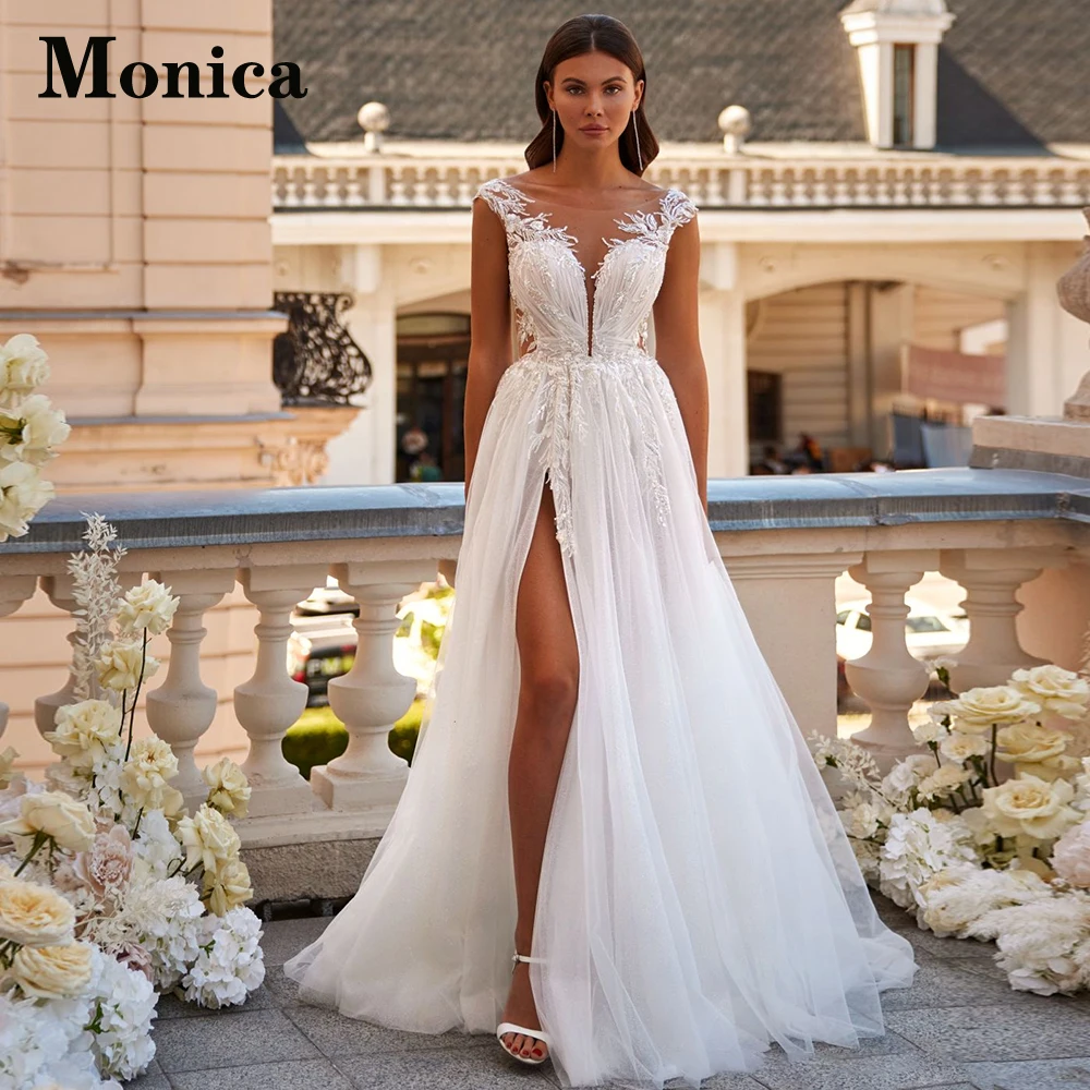 

MONICA Side Slit Glamorous Deep V-Neck Sleeveless Button Wedding Gown Tulle For Bride Appliques Custom Made Robe De Mariée Pleat