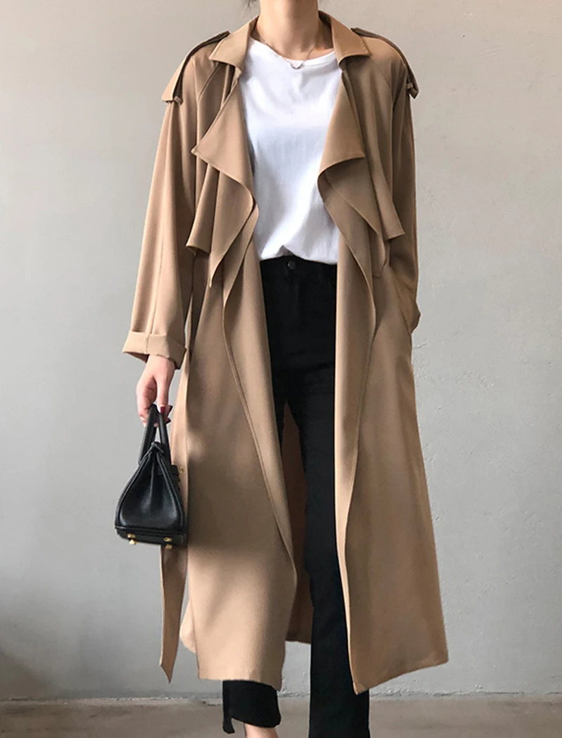 Женская Длинная ветровка с отложным воротником однотонная свободная офисная