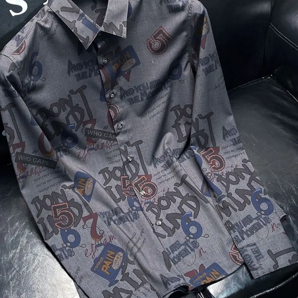 Autumn khaki printed shirt men's fashion slim handsome senior long sleeve shirt