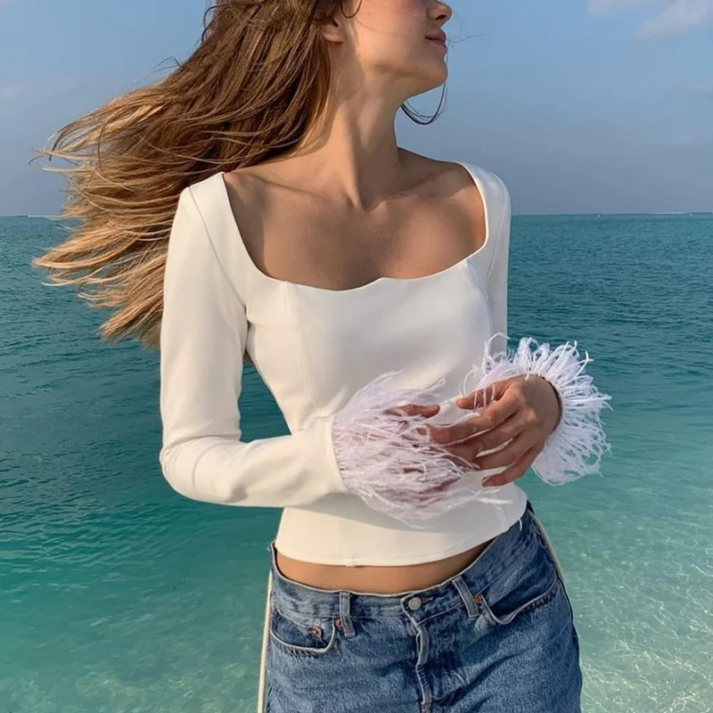 

Женский топ с длинным рукавом, приталенный однотонный топ с квадратным вырезом, рубашка во французском стиле, Новинка лета 2022