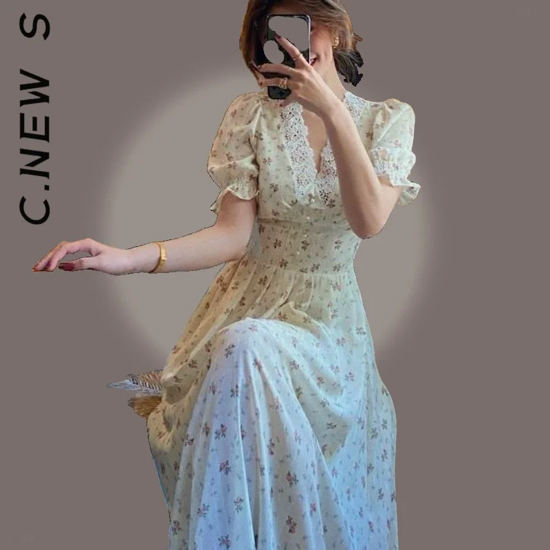 Новое цветочное кружевное шифоновое платье C.New S в Корейском стиле для вечеринки