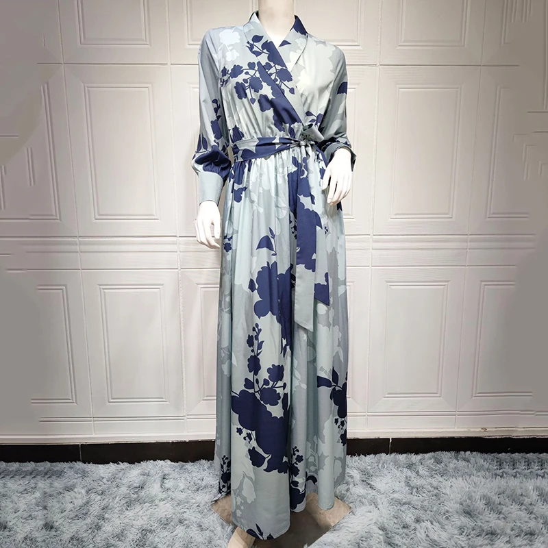 Eid Ramadan Malaysia Muslim Dubai Dress Women 2022 Maxi Long Sleeve Print Abaya With Belt Traditional Arabic Moroccan Lady Dress