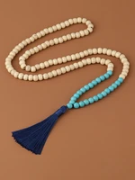 oaiite blue turquoise stone wood beaded strand necklace for women vintage japamala necklace meditation yoga spirit jewelry