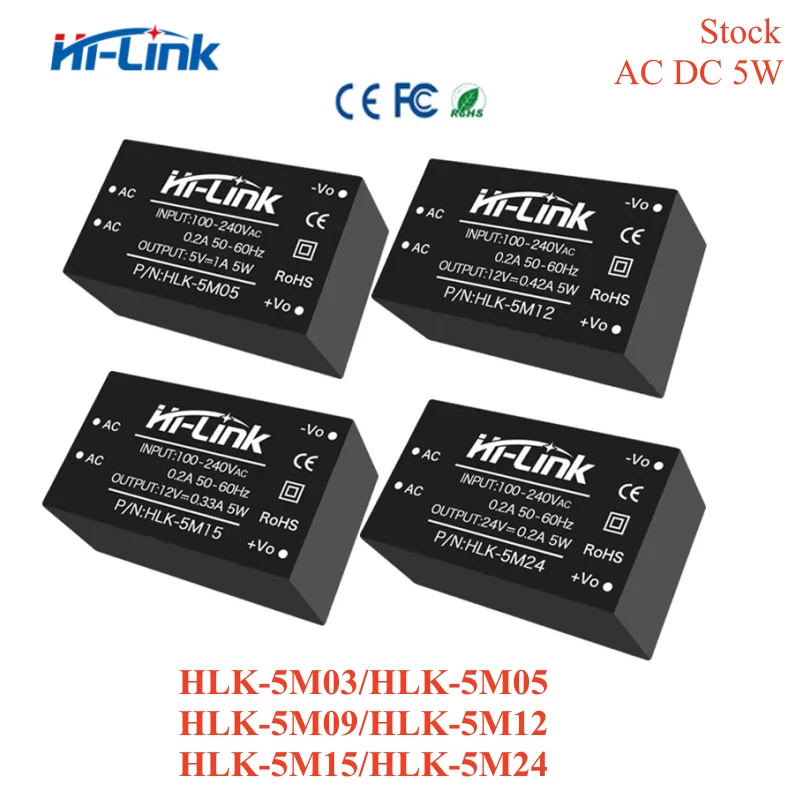 2pcs ACDC 5W HLK-5M03 HLK-5M05 HLK-5M09 HLK-5M12 HLK-5M15 HLK-5M24 220V to 5V/3.3V/9V/12V/24V Mini Power Supply Module Step Down