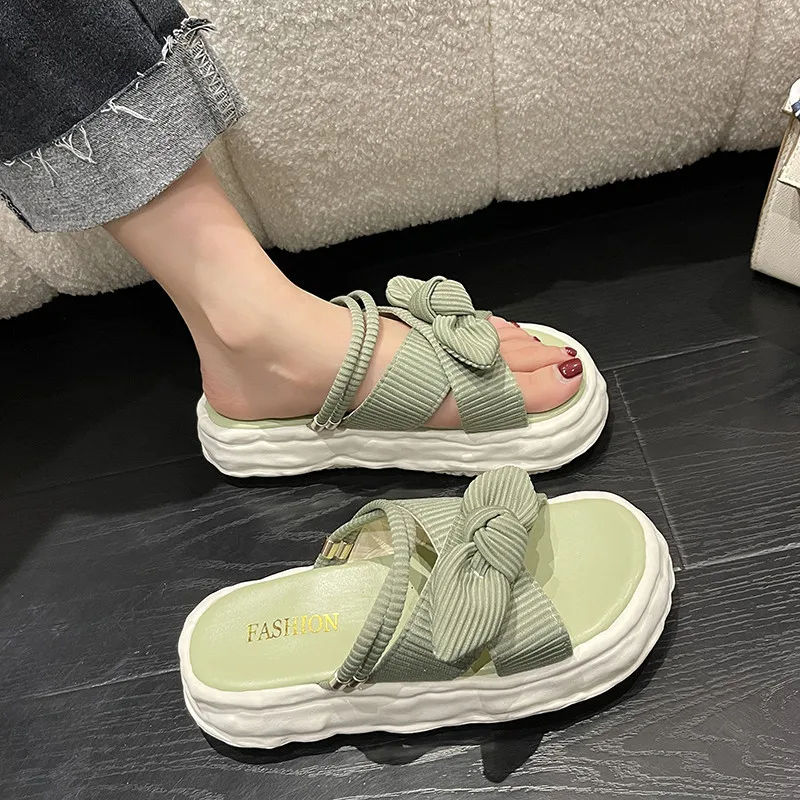 

Шлепанцы женские с бантом-бабочкой, сланцы, пляжные тапки на платформе, повседневные Роскошные, из искусственной кожи, на плоской подошве, л...