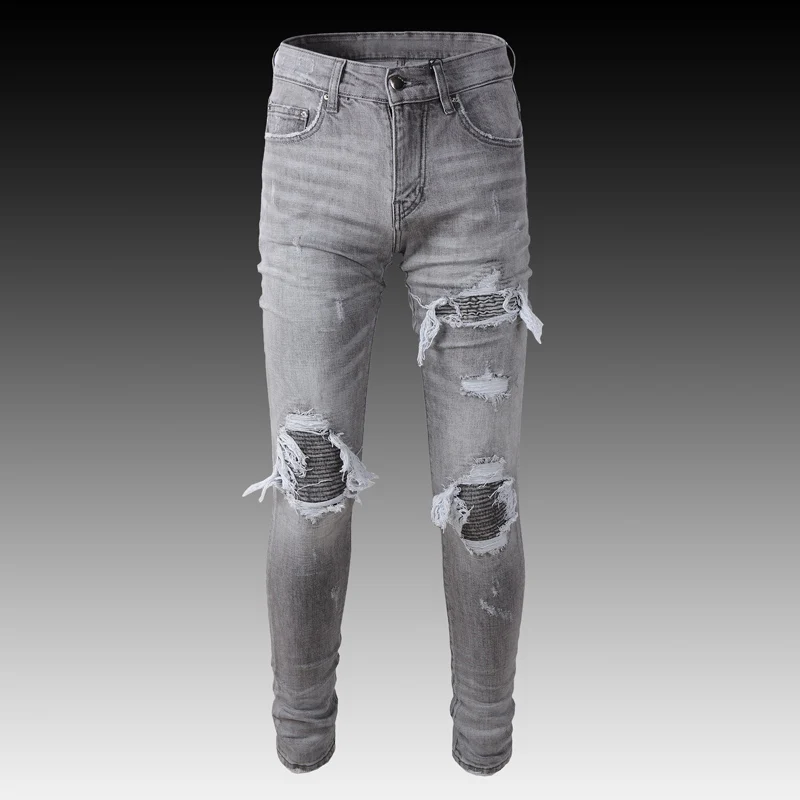 Streetwear Fashion Men Jeans Retro Gray Elastic Destroyed Slim Ripped Jeans Men Patch Designer Brand Hip Hop Denim Punk Pants