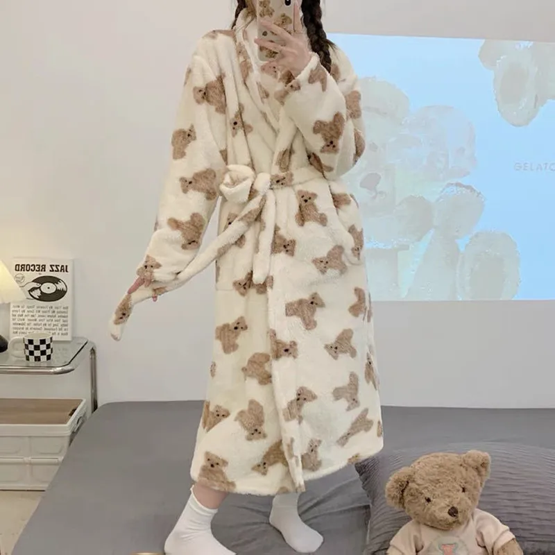 Winter Warm Thickness Pjamas Bathrobes for Women Ladies Cute Bear Robes Coral Velvet Pijama Nightwear Nightgowns Cartoon Mujer