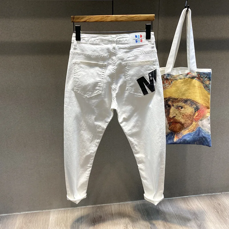 

White Hole Ripped Jeans Men All-match Fashion Slim Stretch Harem Pants Comfortable Male Streetwear Denim Trousers